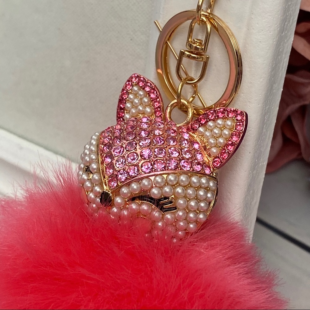 Crystal & Pearl Fox Hot Pink Pom Pom Keychain - Picture 8 of 15
